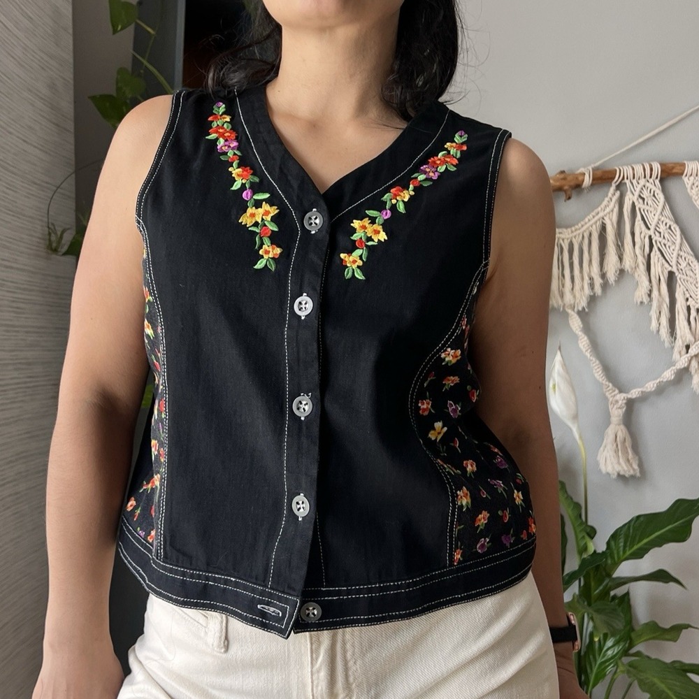 Vintage Carole Little Denim Vest Embroidered Floral Patchwork 90s Boho Large
